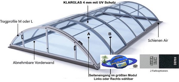 ÜBERDACHUNG Modell KLASIK Clear ,SILBER Elox, mit Klarglas, Typ B (Pool max 8,5 m x 4,15m)